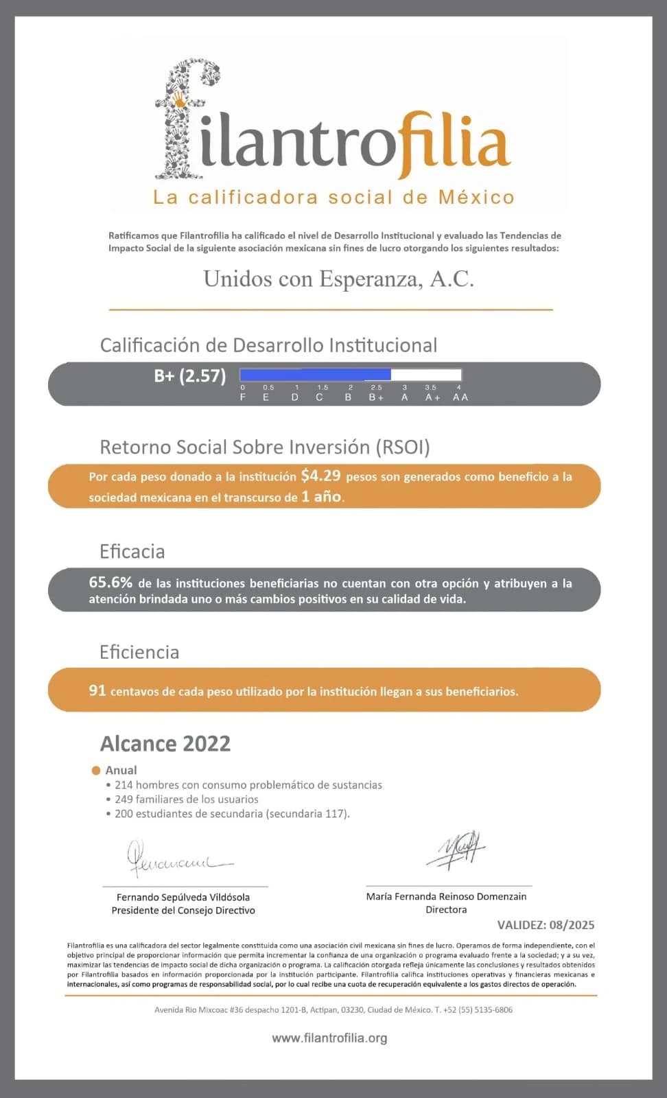 Constancia de calificación de filantrofilia calificadora social de Mexico 2023