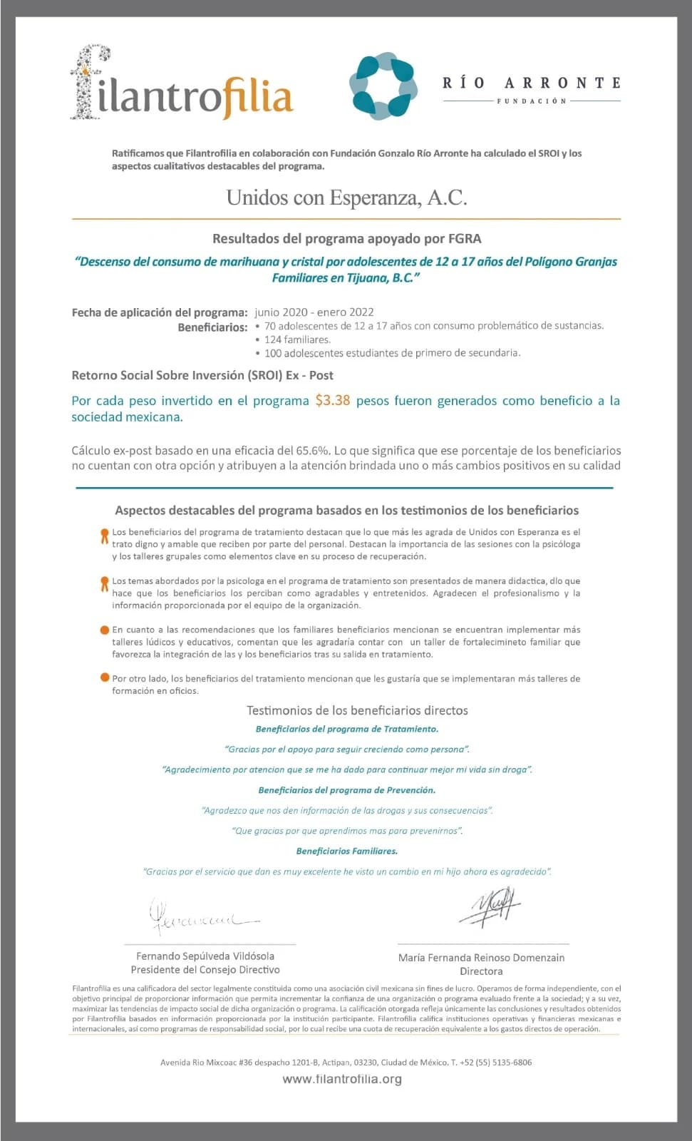Constancia de colaboración de filantrofilia con Rio Arronte Fundación.